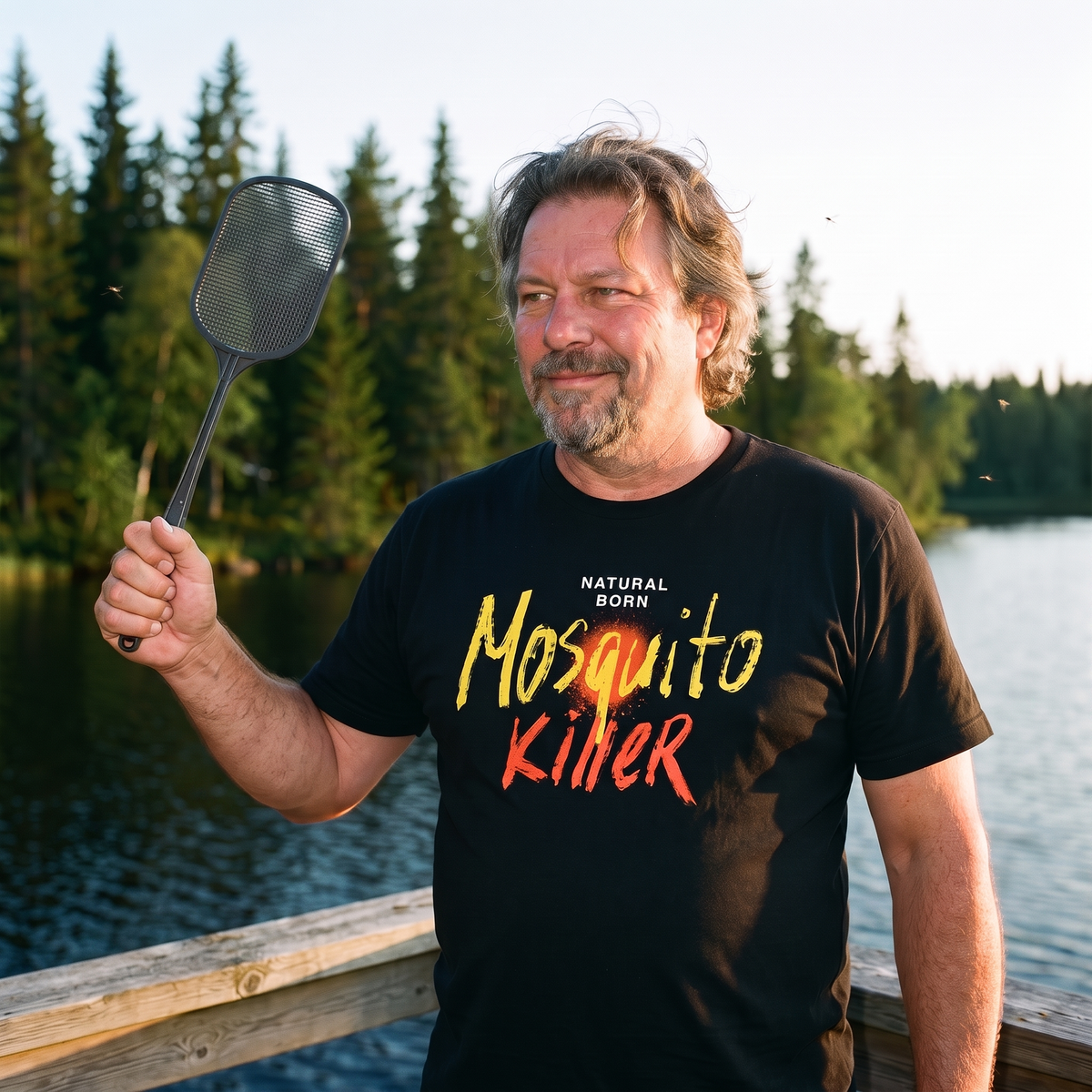 Natural Born Mosquito Killer t-shirt in black, worn by Jojelli with a fly swatter on a mokki veranda beside a Finnish lake, Very Finnish Problems