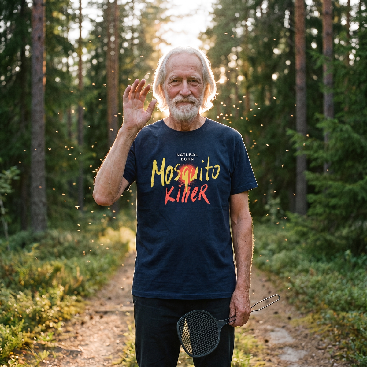 Natural Born Mosquito Killer t-shirt in navy, worn by Pertti on a forest track in a cloud of midges, Very Finnish Problems