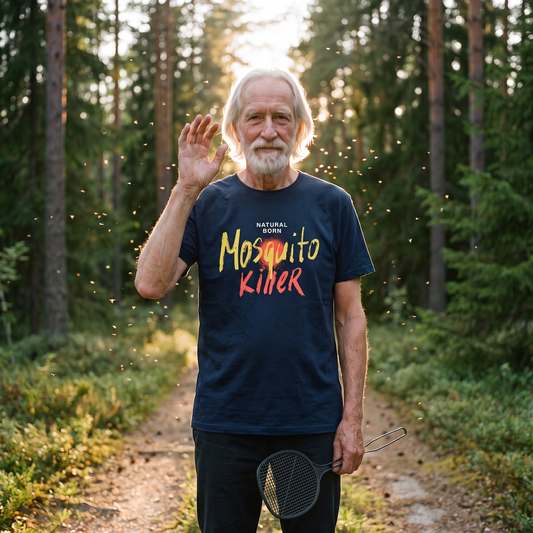 Natural Born Mosquito Killer t-shirt in navy, worn by Pertti on a forest track in a cloud of midges, Very Finnish Problems