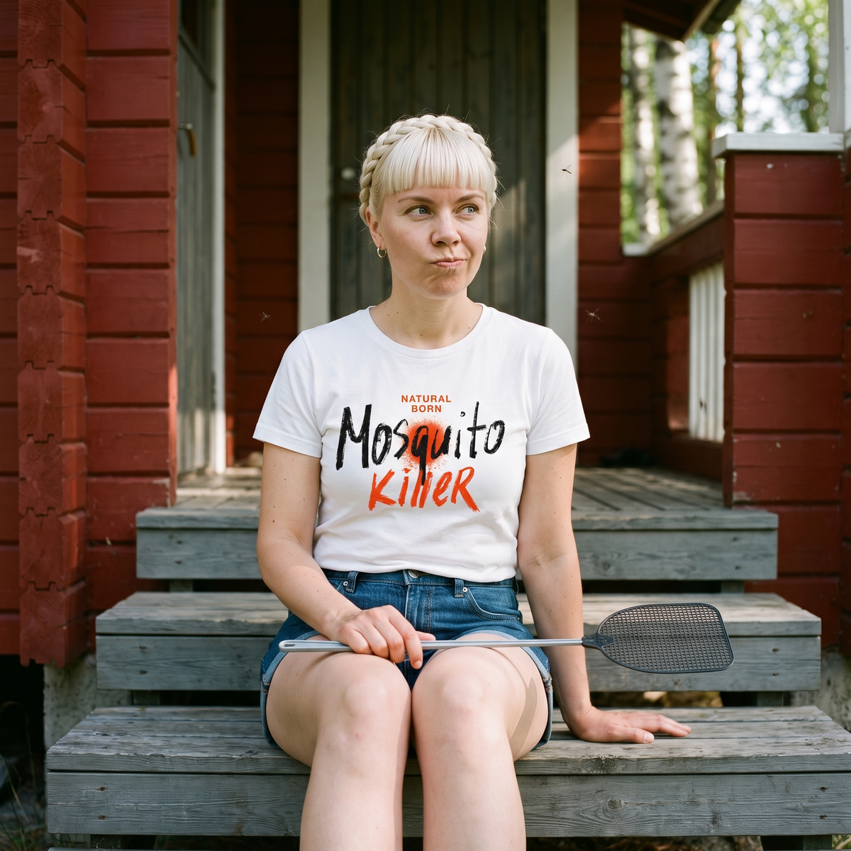 Natural Born Mosquito Killer t-shirt in white, worn by Venla sitting on the steps of a red Finnish summer cottage, Very Finnish Problems
