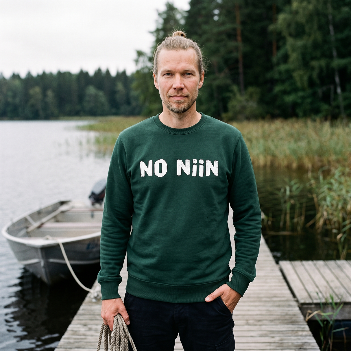 No niin eco-friendly Finnish language sweatshirt in bottle green, worn by Joonas on a Finnish boat jetty, Very Finnish Problems