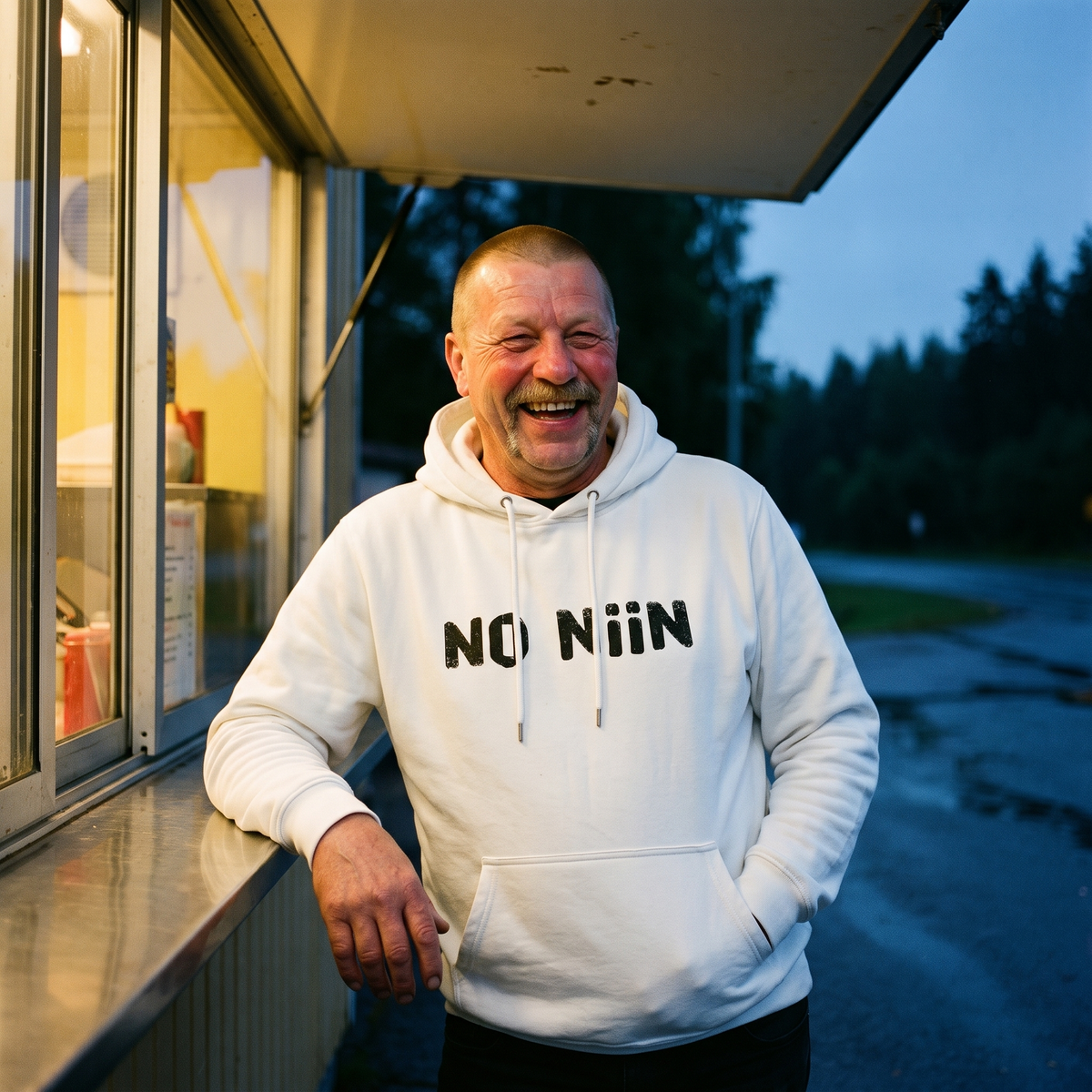 No niin essential eco Finnish language hoodie in white, worn by Juha laughing at a Finnish grilli kiosk, Very Finnish Problems