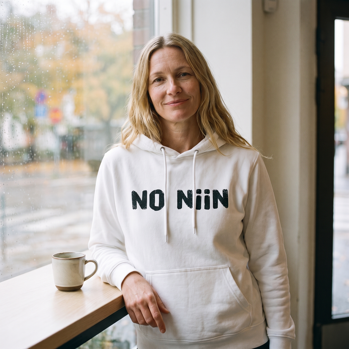 No niin Finnish language hoodie in white, worn by Elina at a Finnish cafe counter, Very Finnish Problems