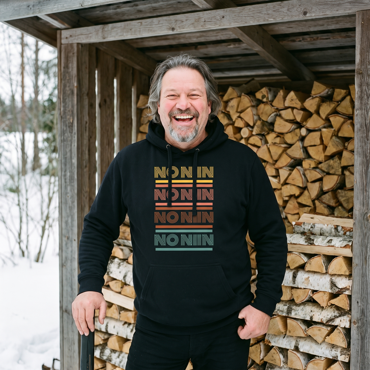 No niin retro Finnish language hoodie in black, worn by Jojelli laughing in a Finnish log store, Very Finnish Problems