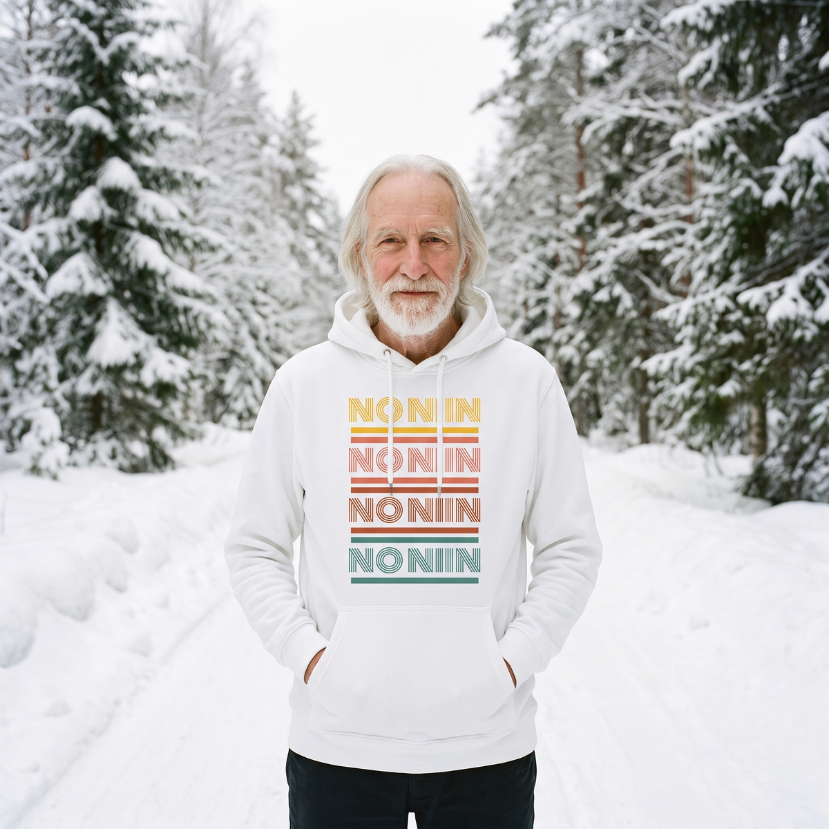 No niin retro Finnish language hoodie in white, worn by Pertti on a snowy Finnish forest track, Very Finnish Problems