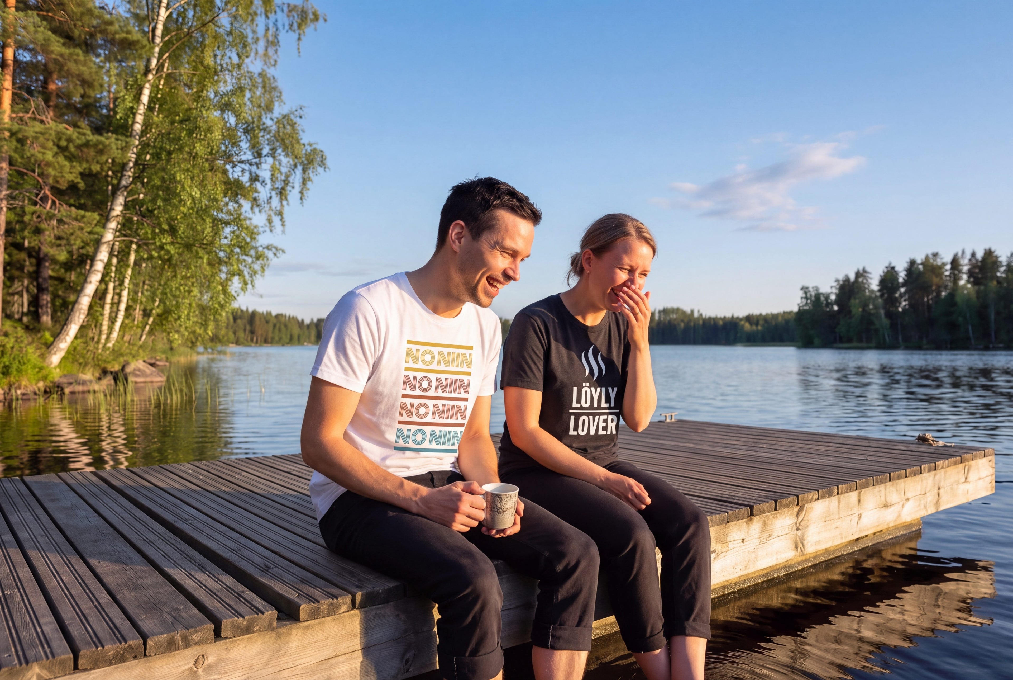 No Niin Retro t-shirt in white and Löyly Lover t-shirt in black, worn by a couple laughing on a lakeside jetty at sunset, Very Finnish Problems