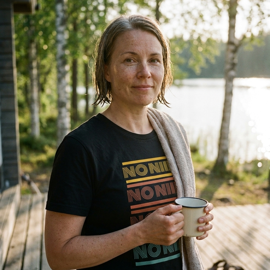 Woman on a lakeside sauna porch wearing the black No niin retro Finnish language t-shirt by Very Finnish Problems