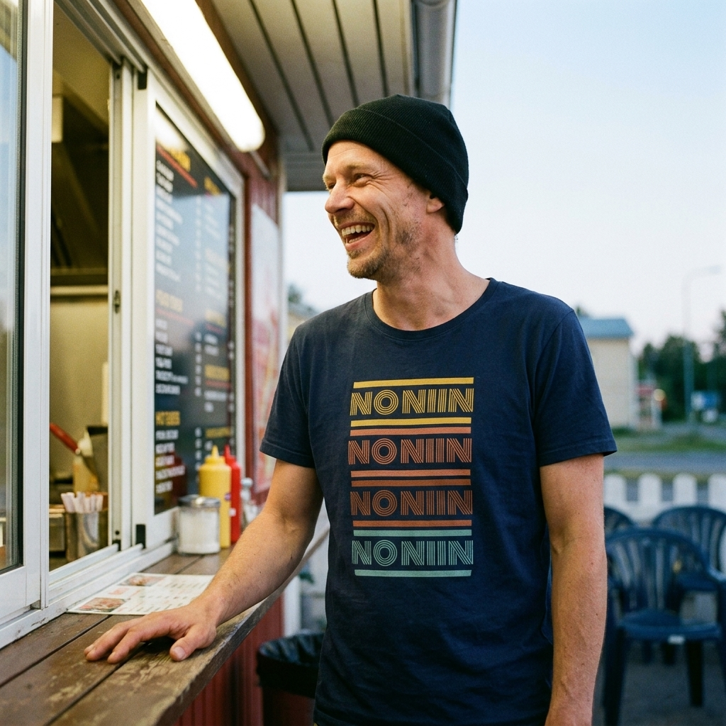 Man laughing at a Finnish grilli kiosk wearing the navy No niin retro Finnish language t-shirt by Very Finnish Problems