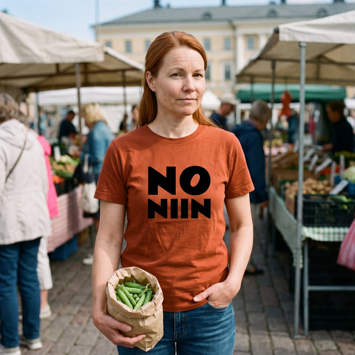 Burnt orange No niin stacked t-shirt, Very Finnish Problems