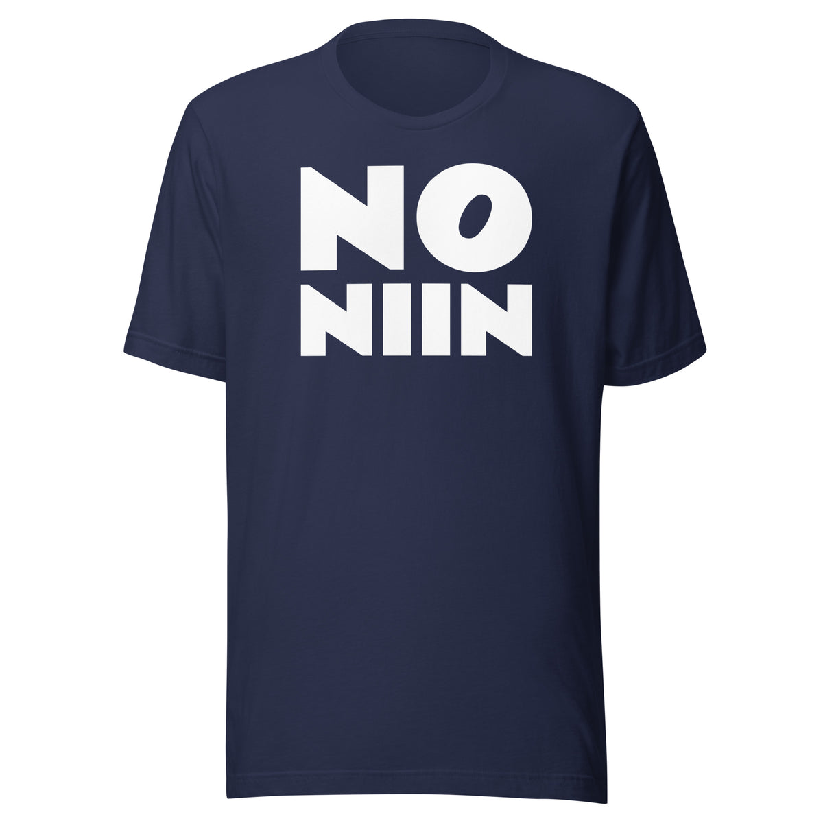Navy No niin stacked t-shirt laid flat, front view, Very Finnish Problems