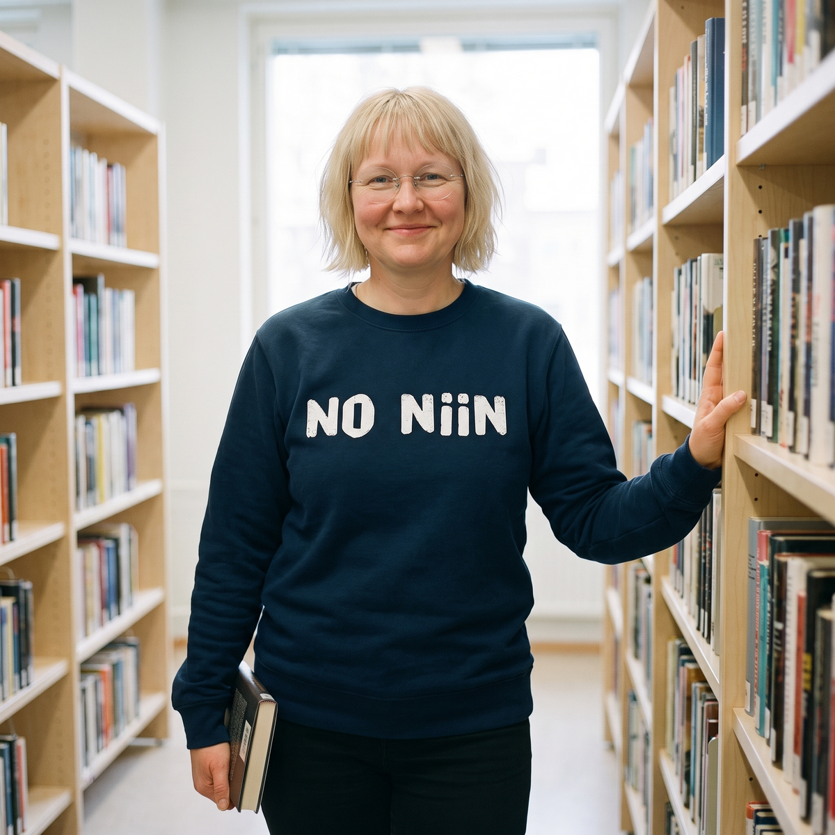 No niin Finnish language sweatshirt in navy, worn by Marika between the shelves of a Finnish library, Very Finnish Problems