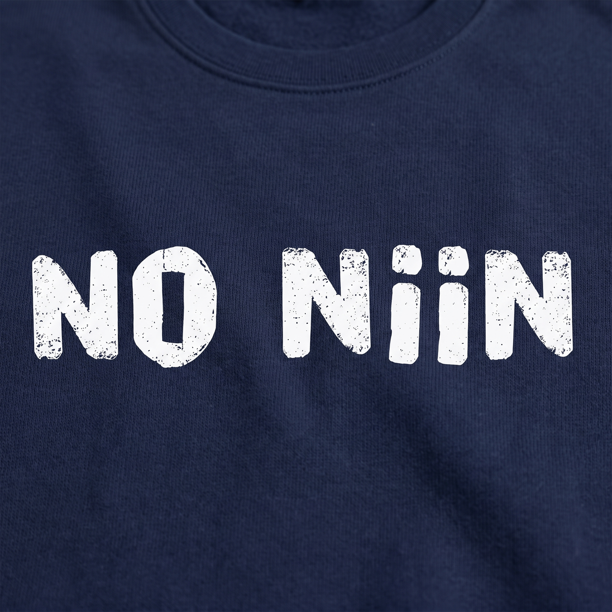 Close-up of the No niin print on navy sweatshirt fabric, Very Finnish Problems