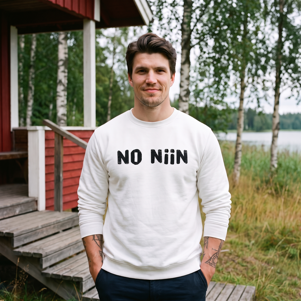 No niin Finnish language sweatshirt in white, worn by Eetu on a Finnish summer cottage porch, Very Finnish Problems
