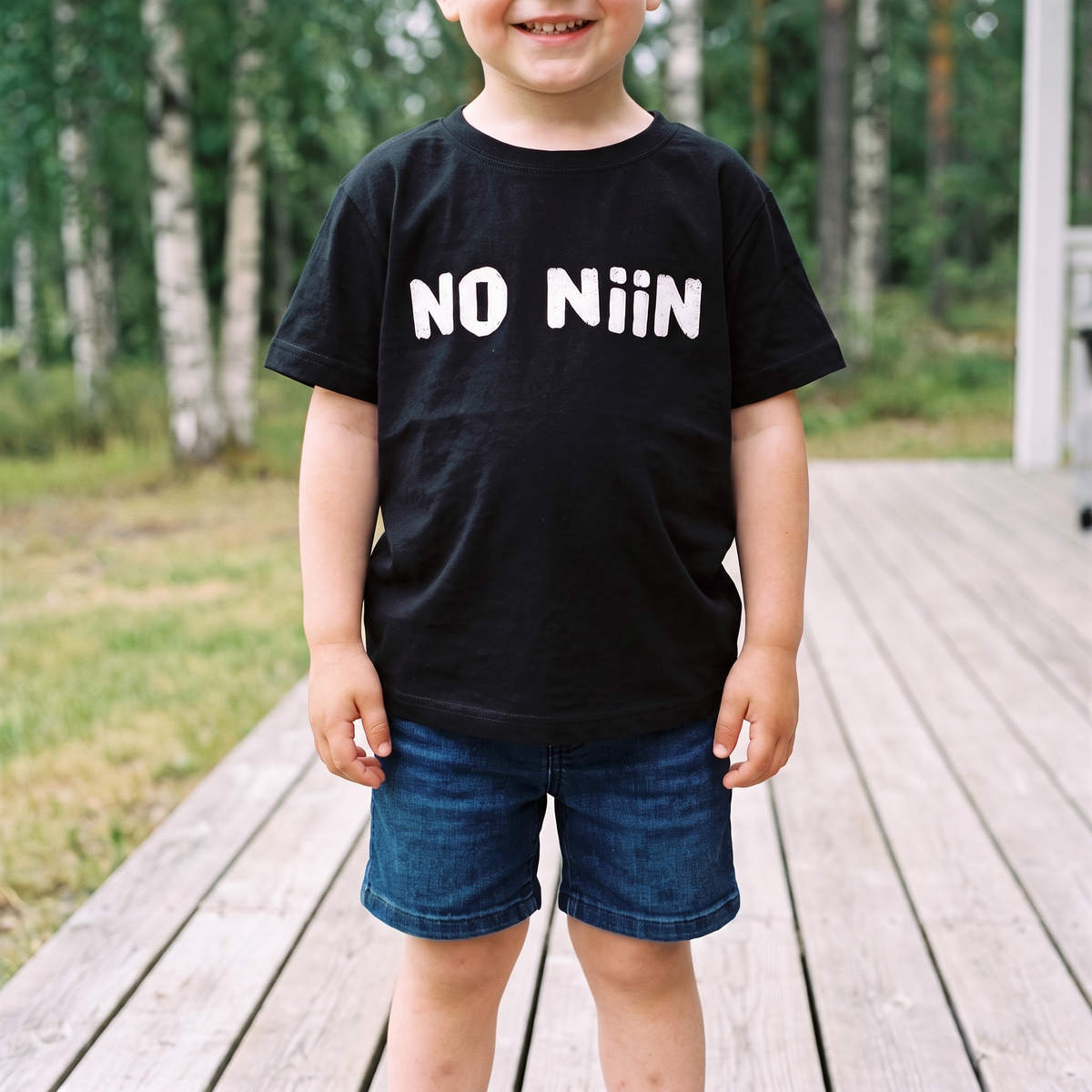 No niin Finnish language toddler tee in black, worn on a Finnish cottage veranda, Very Finnish Problems