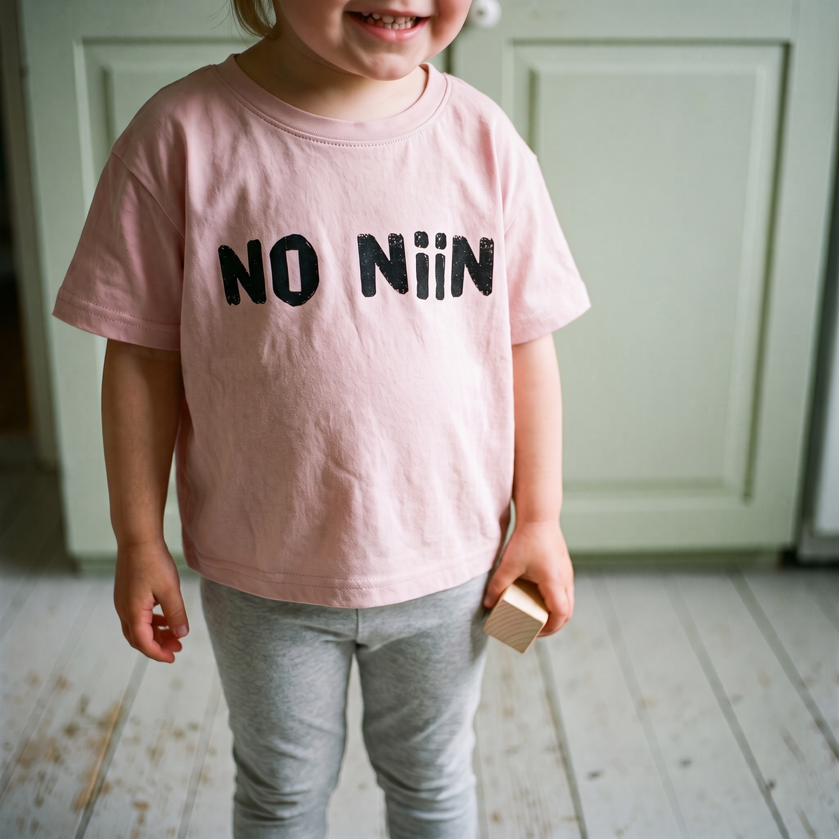 No niin Finnish language toddler tee in pink, worn in a Finnish kitchen, Very Finnish Problems