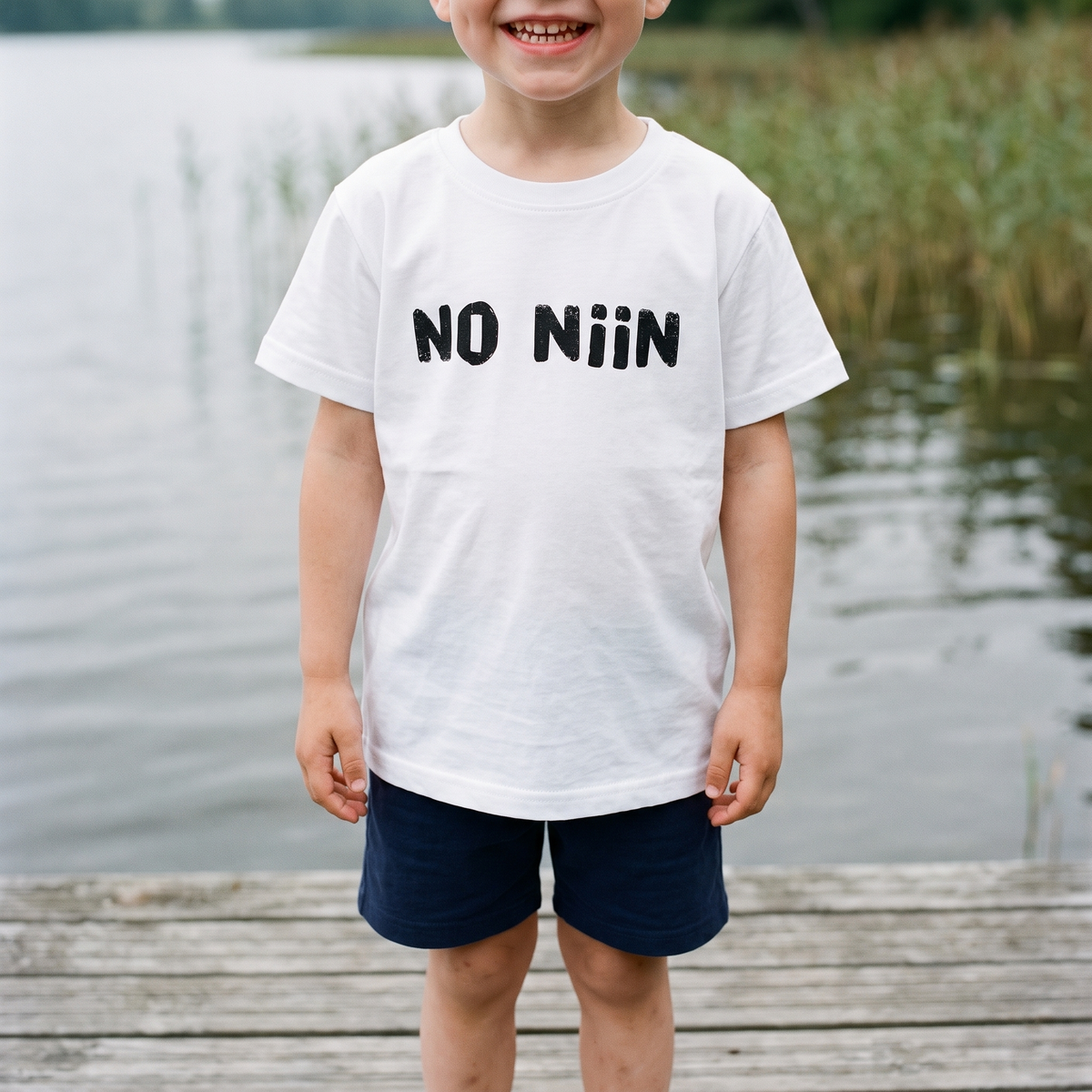 No niin Finnish language toddler tee in white, worn on a Finnish lake jetty, Very Finnish Problems