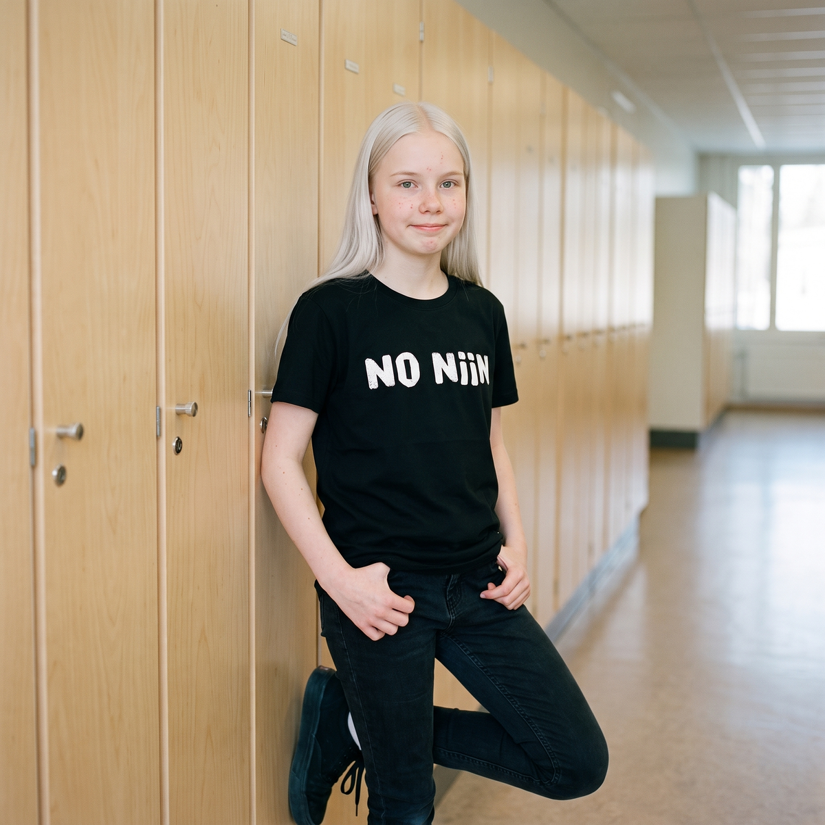 No niin Finnish language youth t-shirt in black, worn by Aino in a Finnish school corridor, Very Finnish Problems