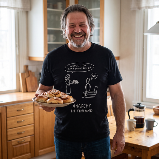 No Pulla, Anarchy in Finland t-shirt in black, worn by Jojelli holding out a plate of pulla, Very Finnish Problems