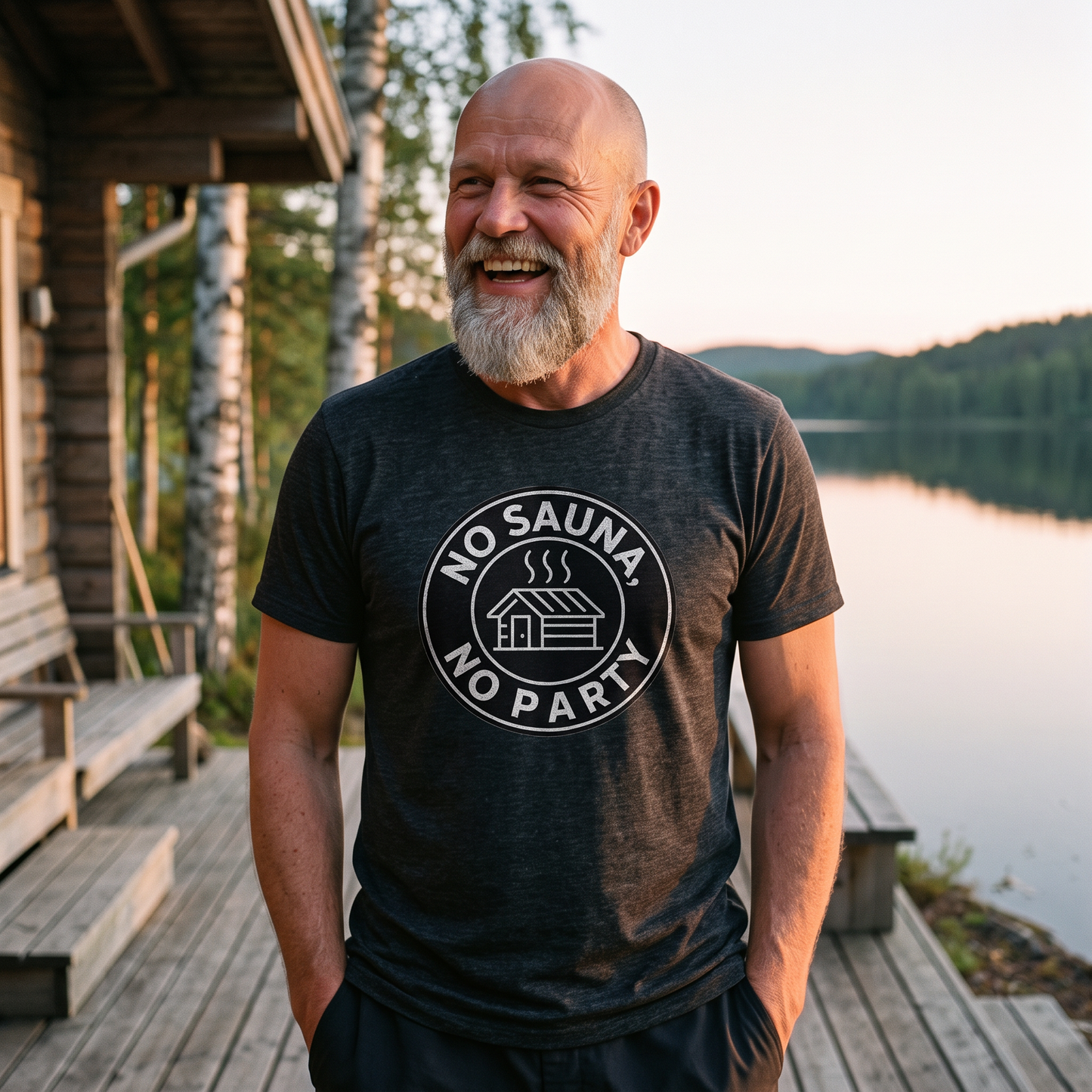No sauna no party t-shirt in black heather, worn by a man laughing on a Finnish lakeside sauna deck, Very Finnish Problems