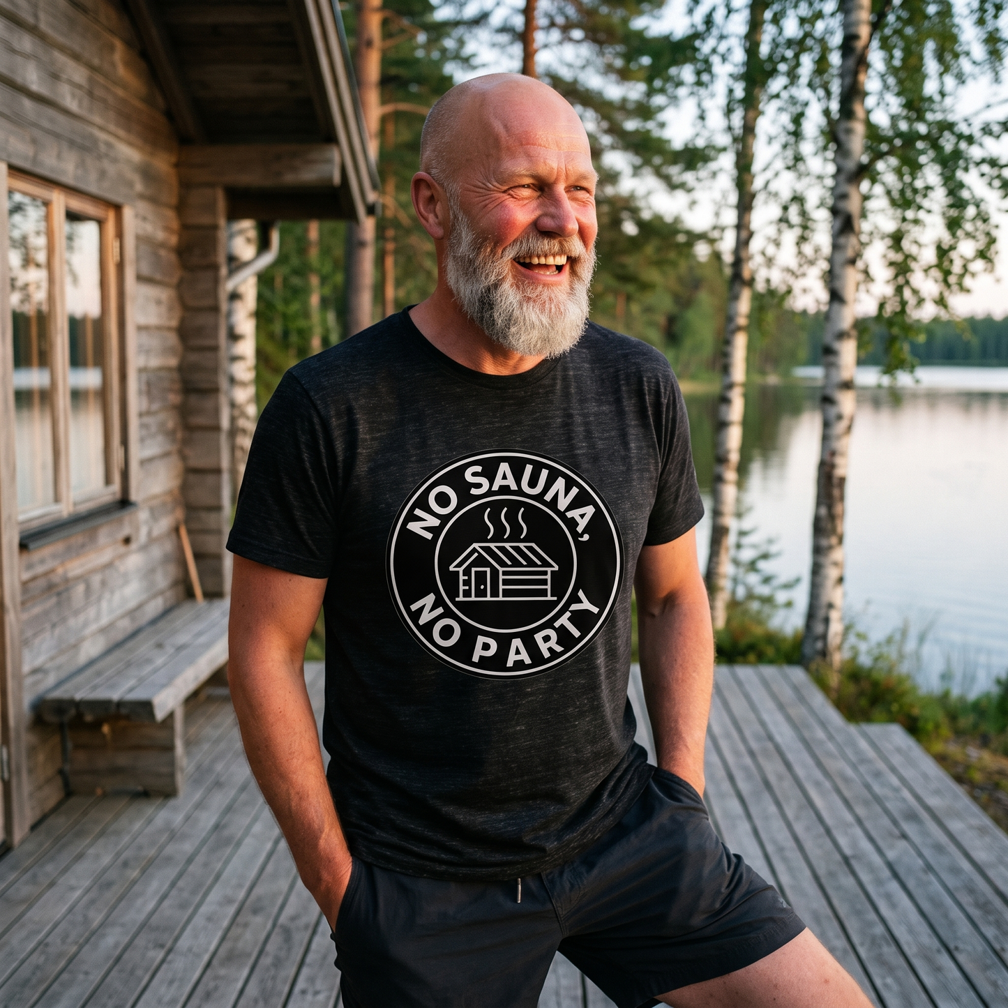 No sauna no party t-shirt in black heather, worn by a man laughing on a Finnish lakeside sauna deck, Very Finnish Problems