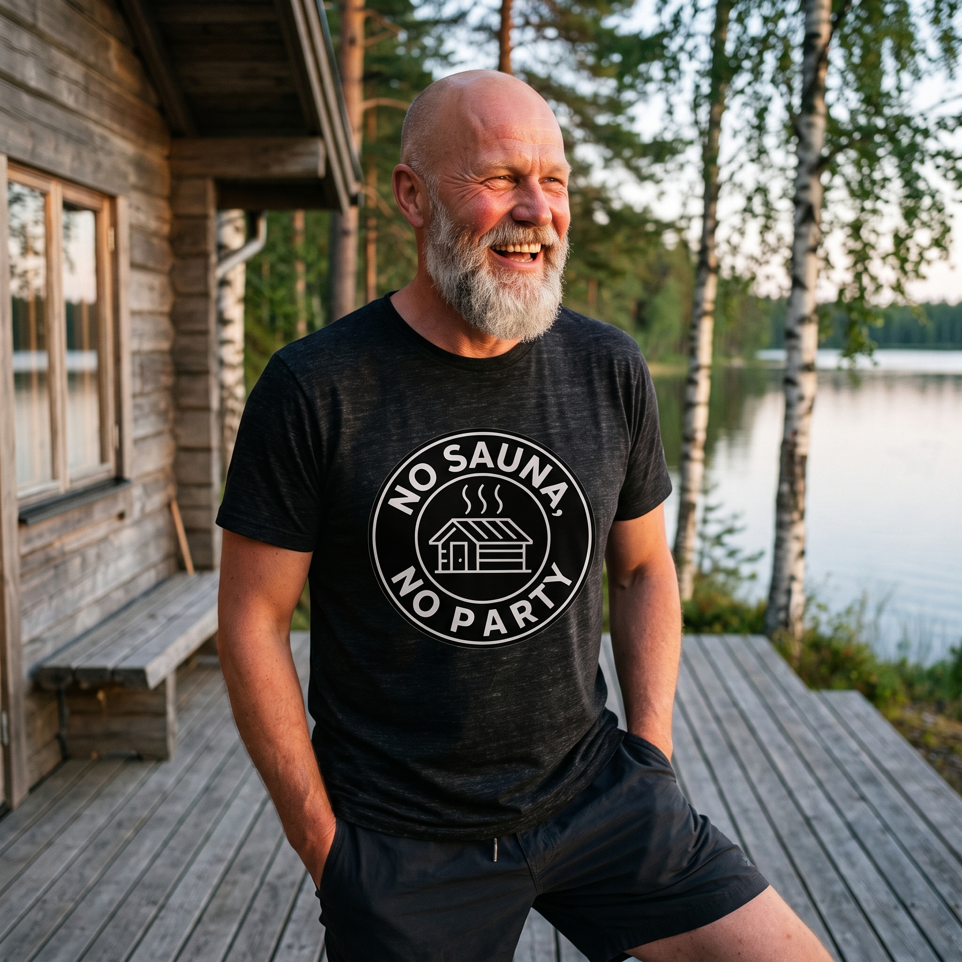 No sauna no party t-shirt in black heather, worn by a man laughing on a Finnish lakeside sauna deck, Very Finnish Problems
