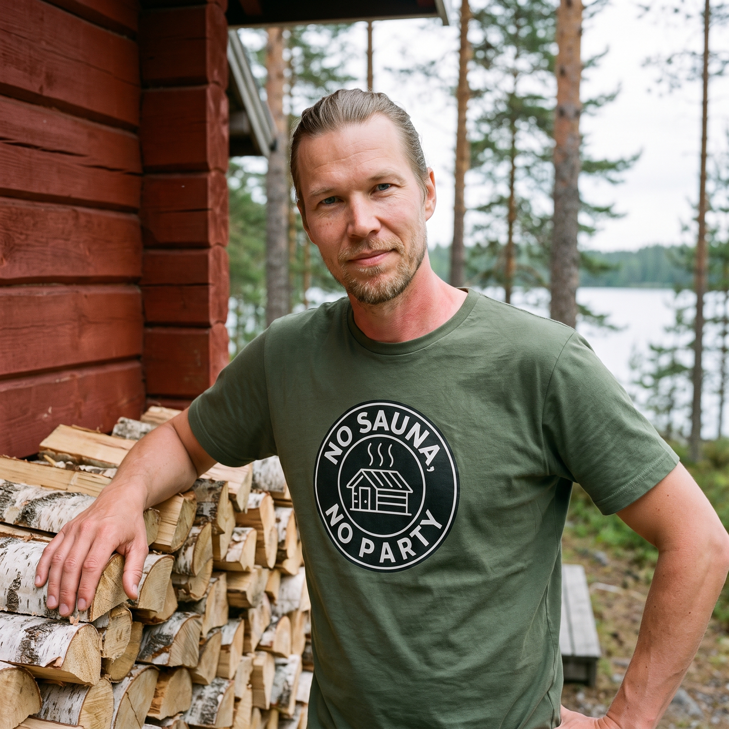 No sauna no party t-shirt in military green, worn by a man beside a birch woodpile at a Finnish lakeside sauna, Very Finnish Problems