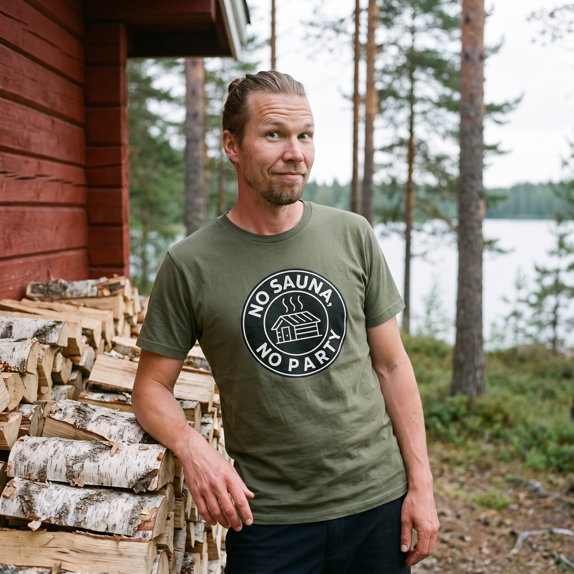No sauna no party t-shirt in military green, worn by a man beside a birch woodpile at a Finnish lakeside sauna, Very Finnish Problems