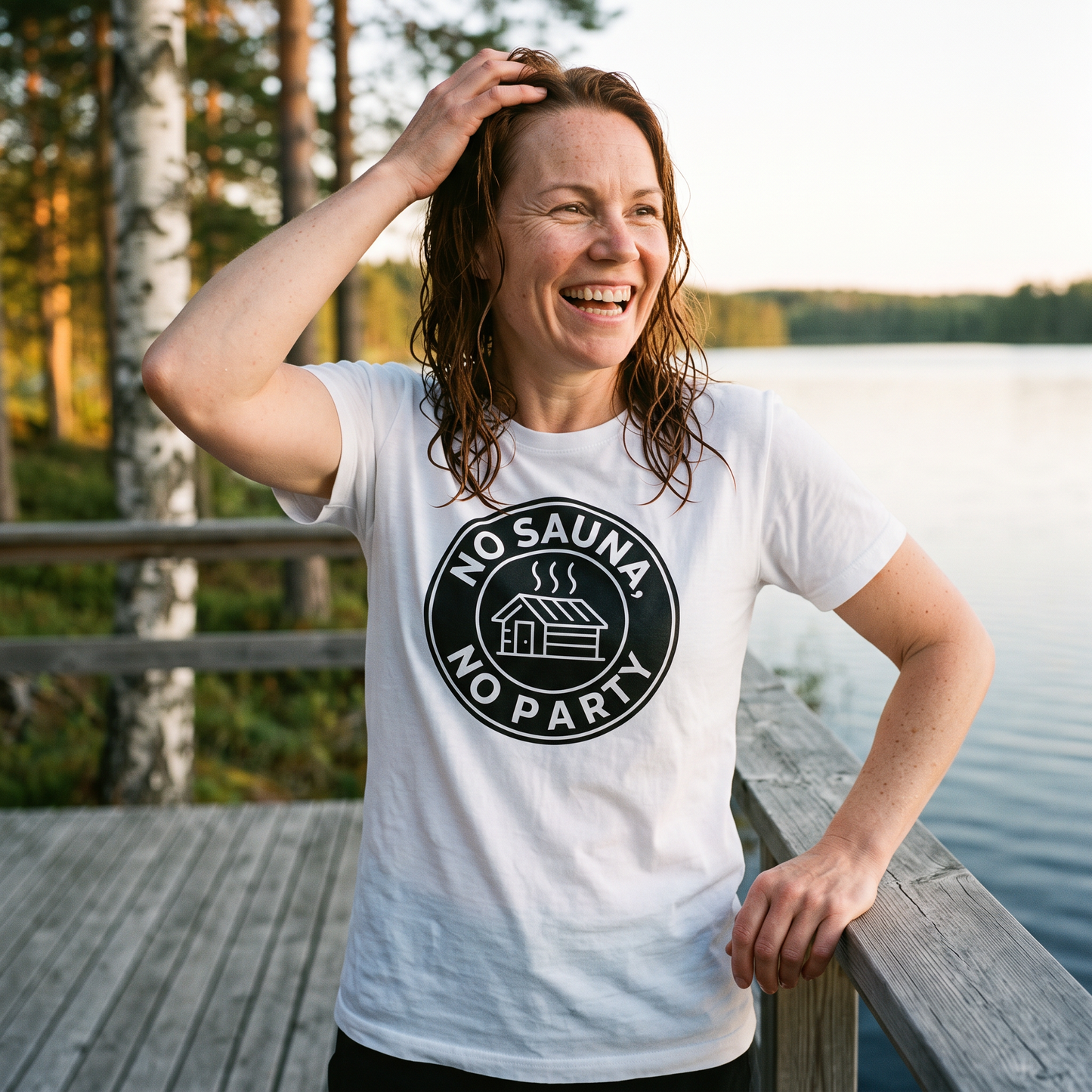 No sauna no party t-shirt in white, worn by a woman laughing after a swim on a Finnish sauna deck, Very Finnish Problems
