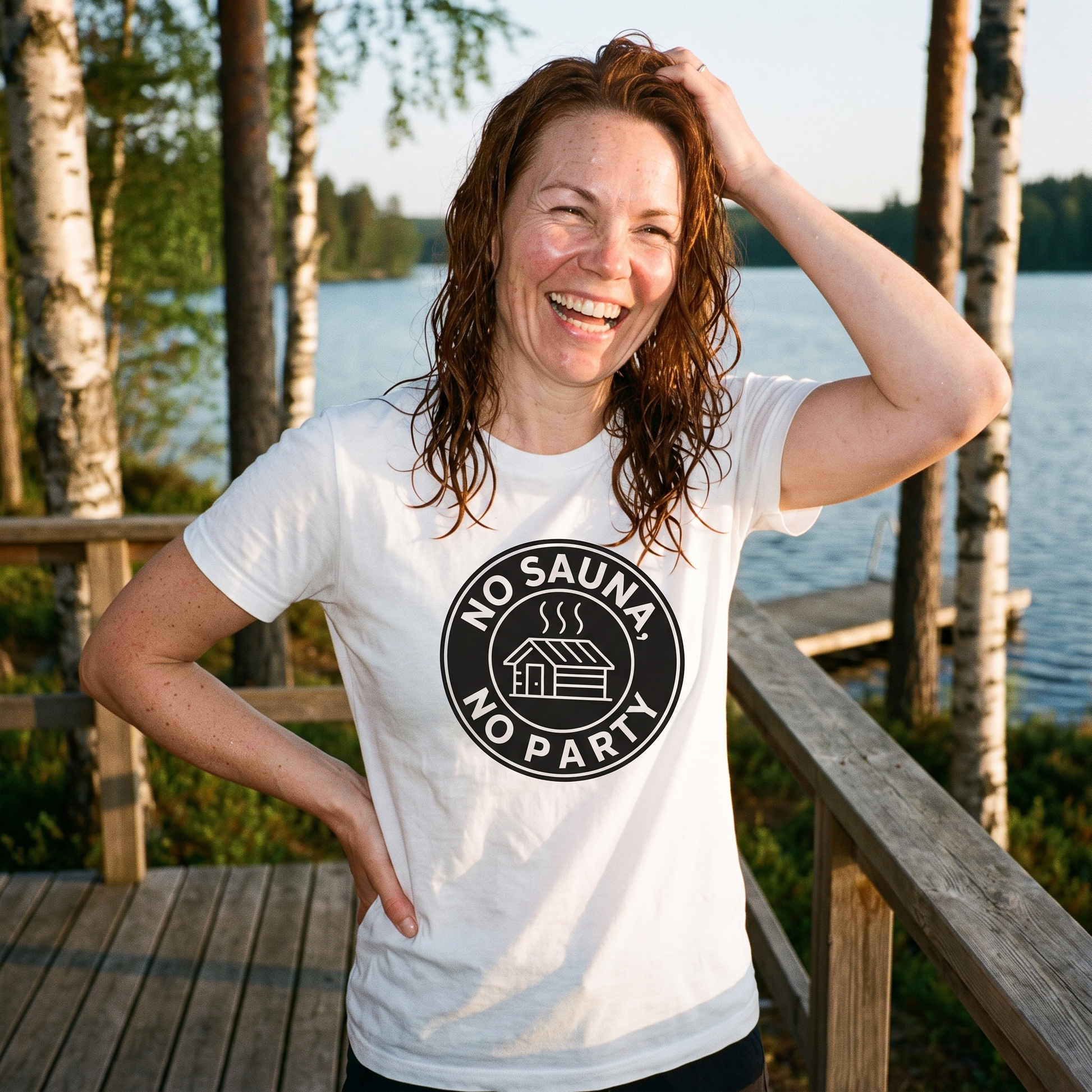 No sauna no party t-shirt in white, worn by a woman laughing after a swim on a Finnish sauna deck, Very Finnish Problems