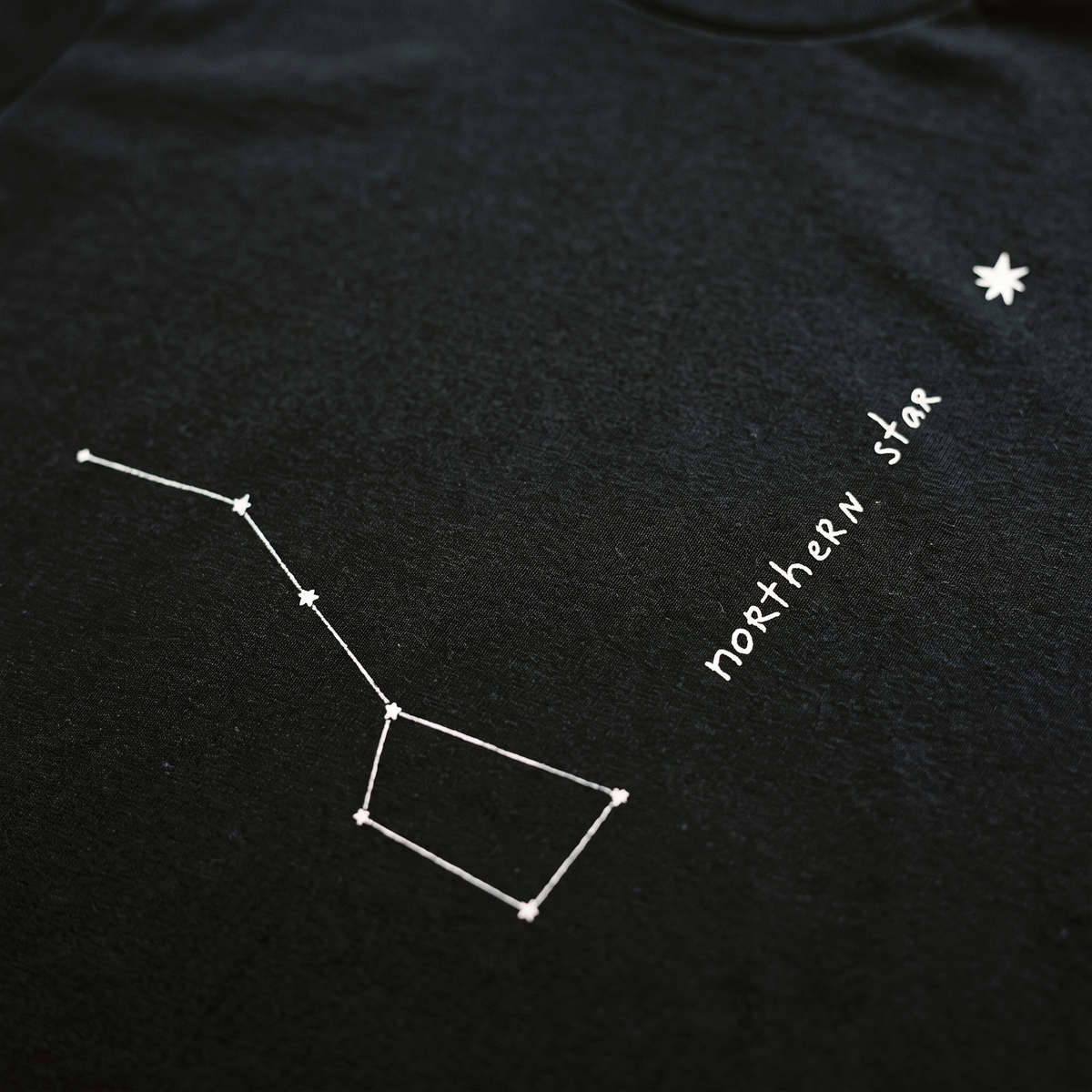 Close-up of the Northern Star 2 constellation print on black organic cotton fabric, Very Finnish Problems