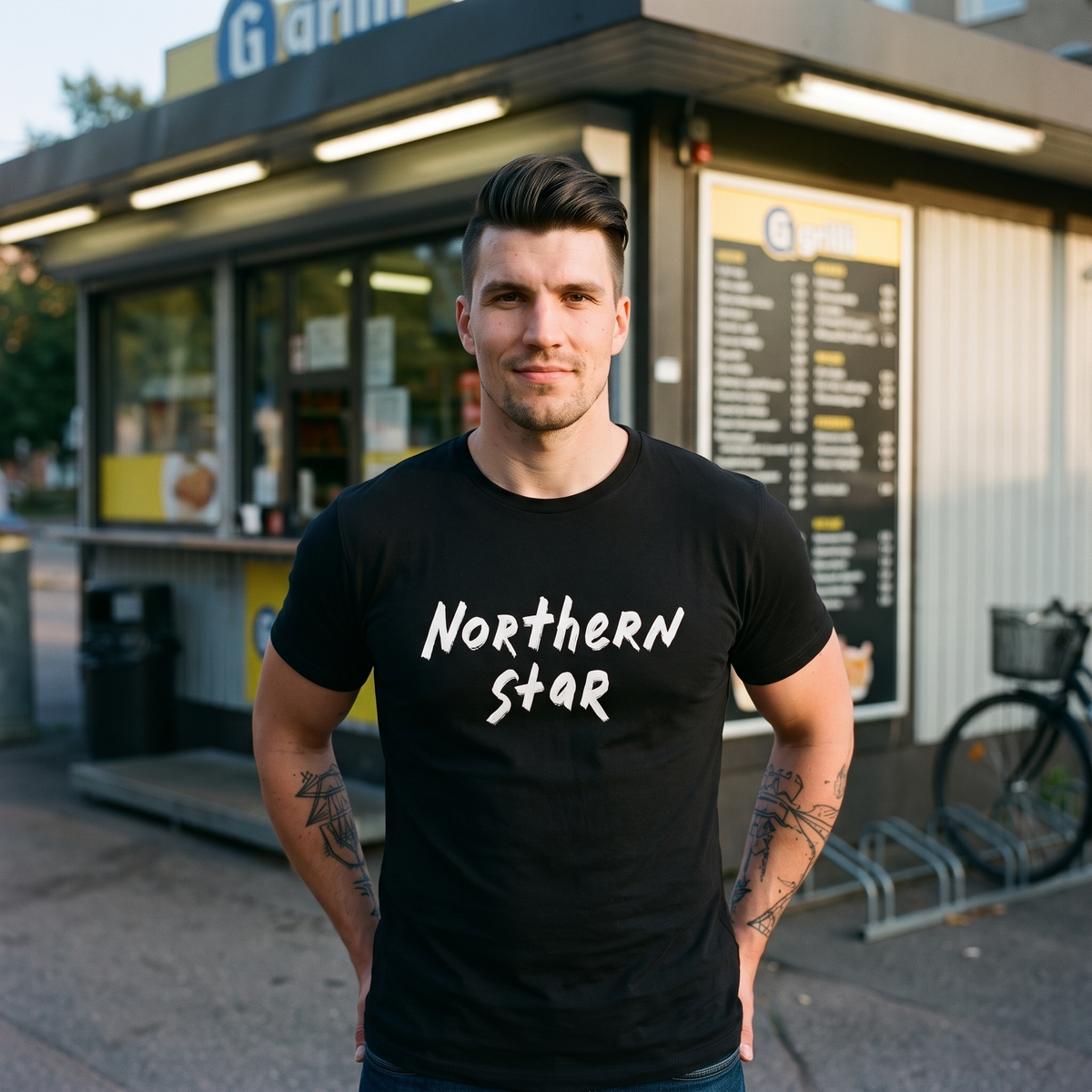 Northern Star t-shirt in black, worn by Eetu outside a Helsinki grilli kiosk, Very Finnish Problems