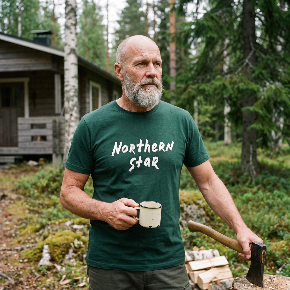Northern Star t-shirt in forest green, worn by Mikko outside a forest cabin, Very Finnish Problems