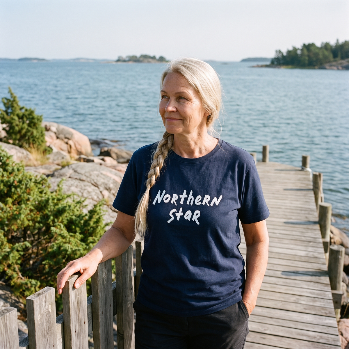Northern Star t-shirt in navy, worn by Anneli on an archipelago jetty, Very Finnish Problems