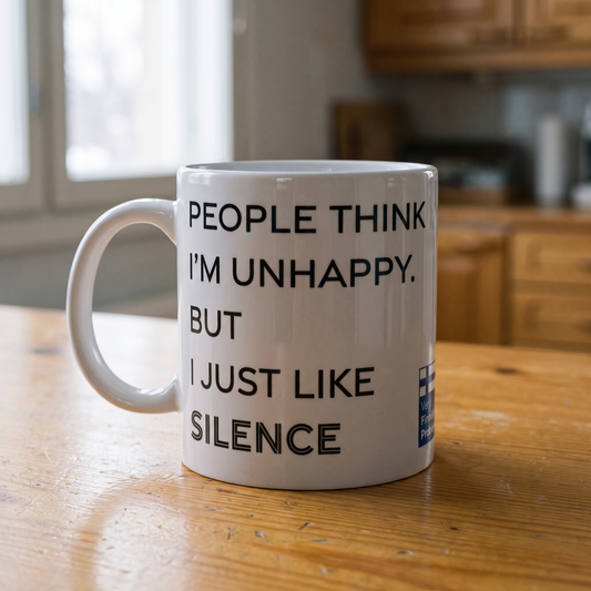 Not Unhappy Just Silent mug in white, on a pine kitchen table in a Finnish home, Very Finnish Problems