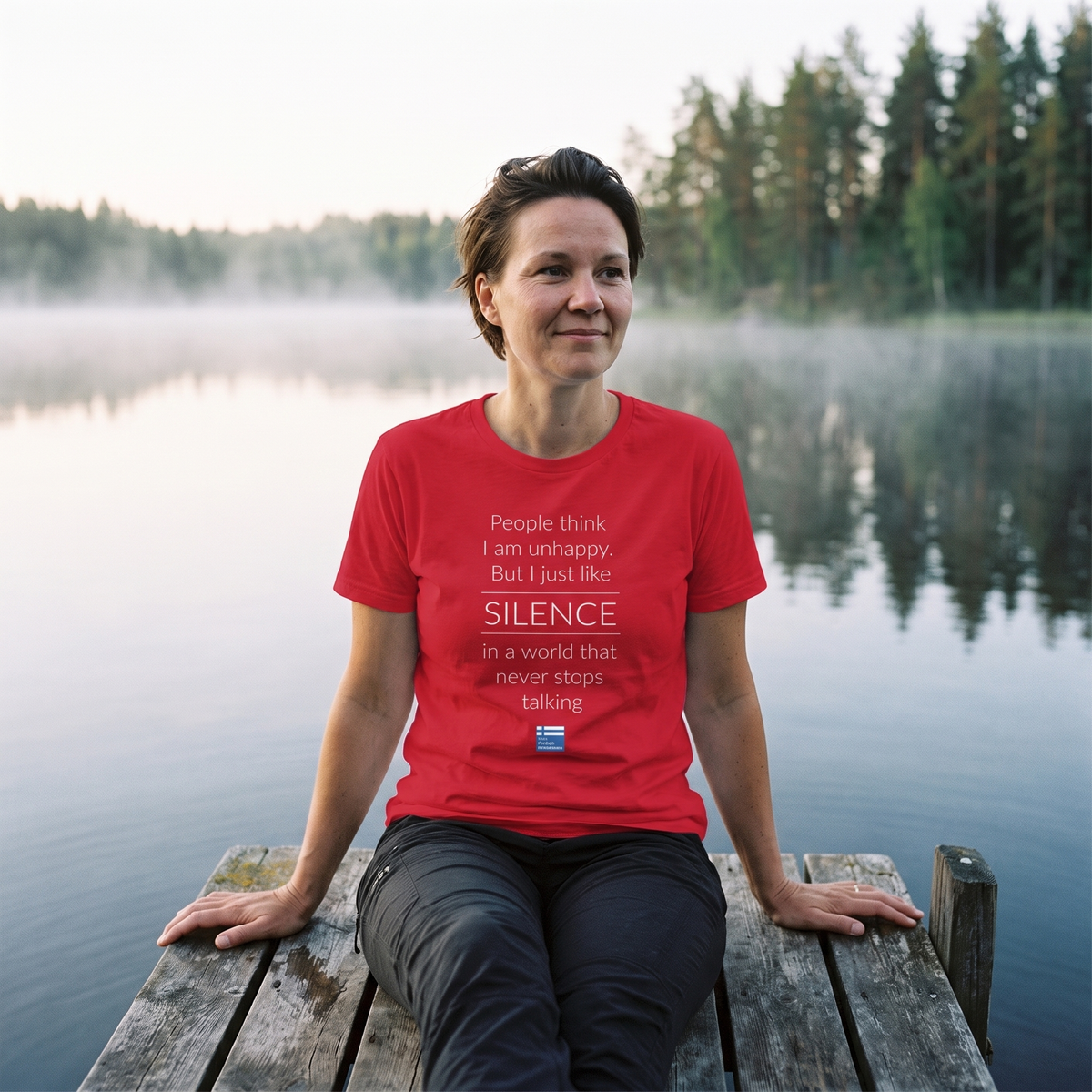 Not Unhappy Just Silent t-shirt in red, worn by Katja on a misty lake jetty at dawn, Very Finnish Problems