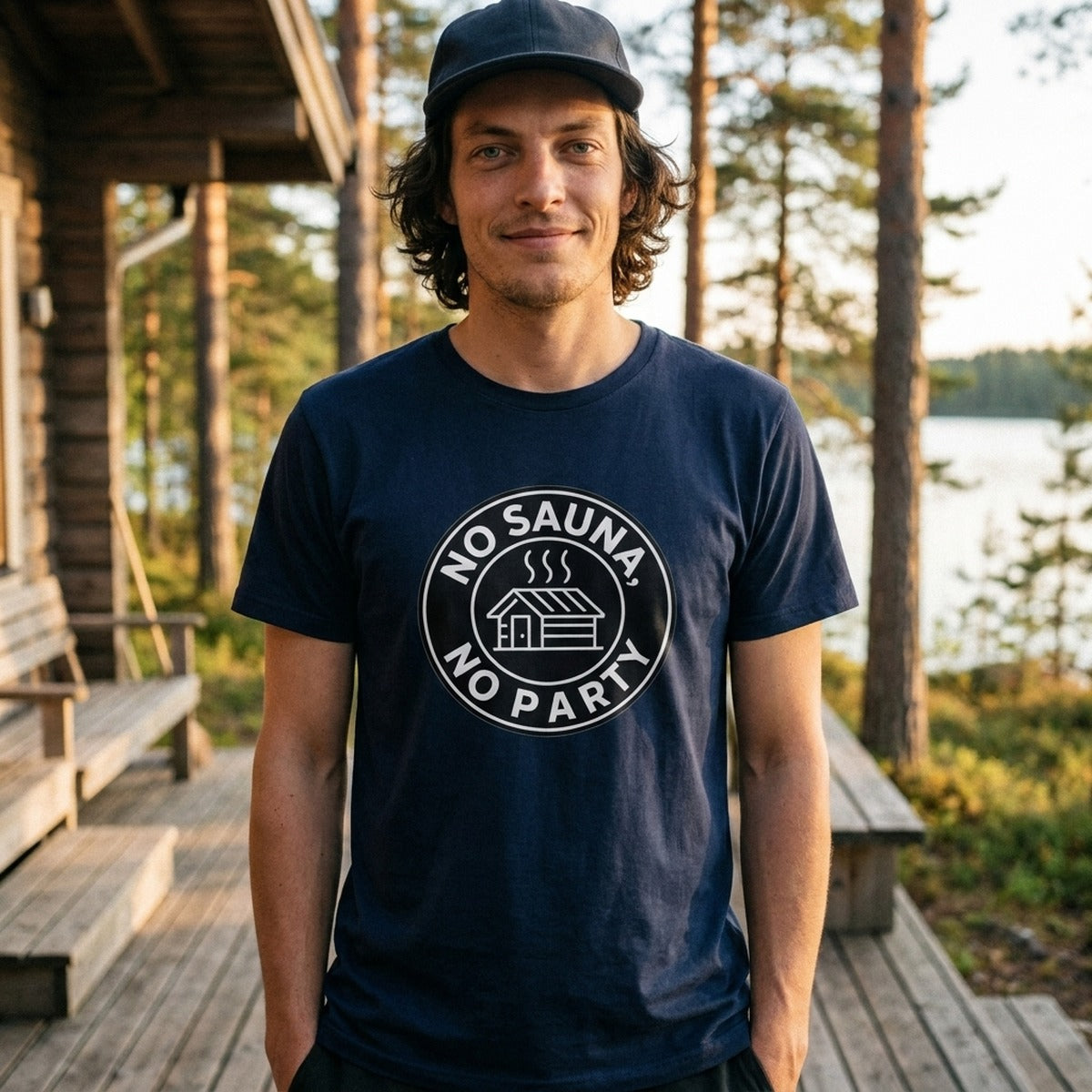 No sauna no party t-shirt in navy, worn on a Finnish cottage terrace, Very Finnish Problems