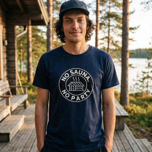 No sauna no party t-shirt in navy, worn on a Finnish cottage terrace, Very Finnish Problems