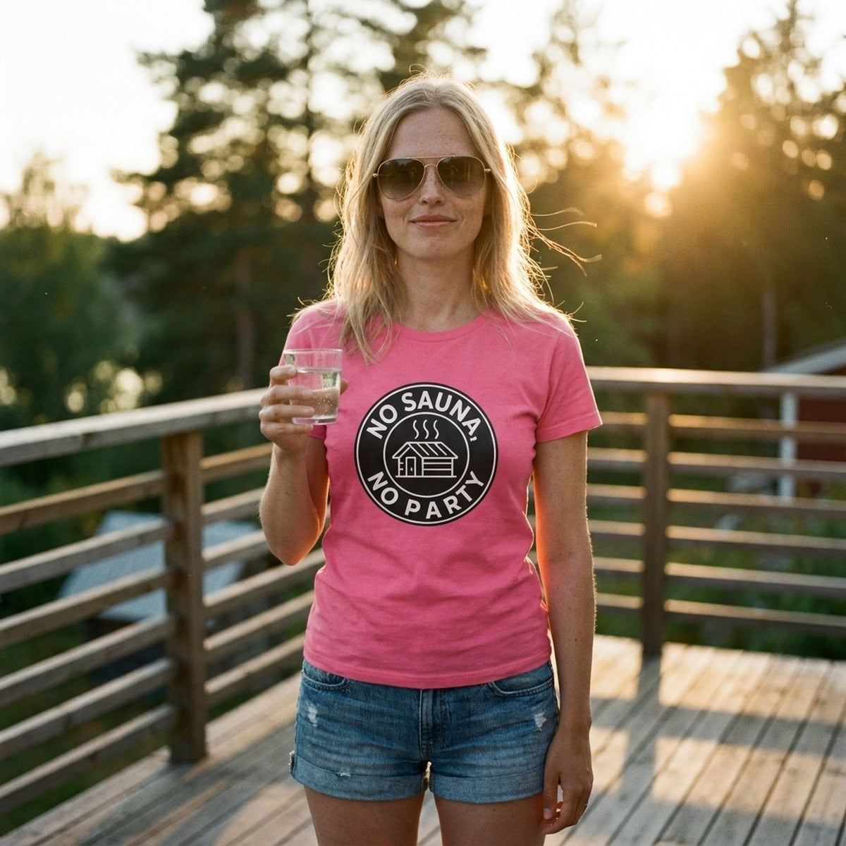 Pink No sauna no party t-shirt on a Finnish cottage terrace by Very Finnish Problems