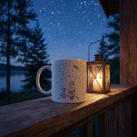 Outer and Personal Space mug on a lakeside cabin porch rail under the stars beside a lantern, Very Finnish Problems