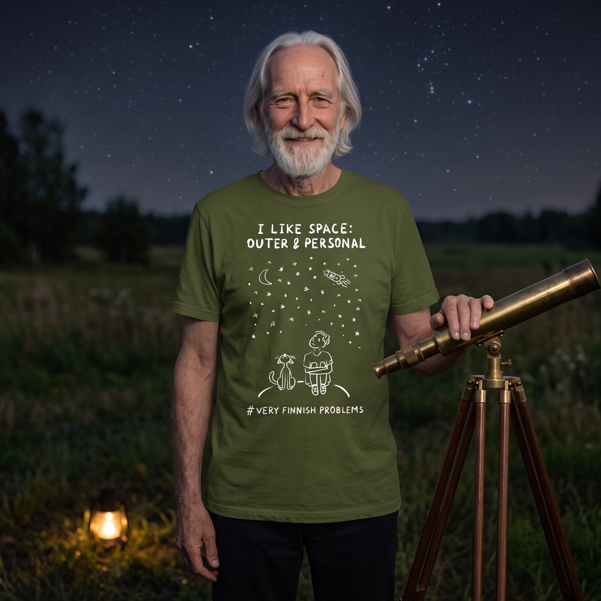 I Like Space: Outer & Personal t-shirt in green olive, worn by Pertti beside a telescope under the stars, Very Finnish Problems