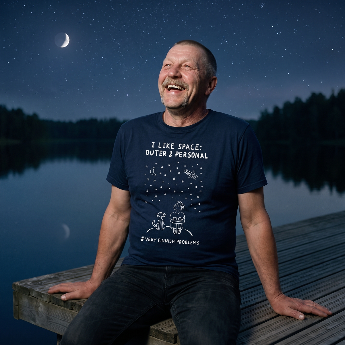 I Like Space: Outer & Personal t-shirt in navy, worn by Juha laughing on a jetty under the stars, Very Finnish Problems