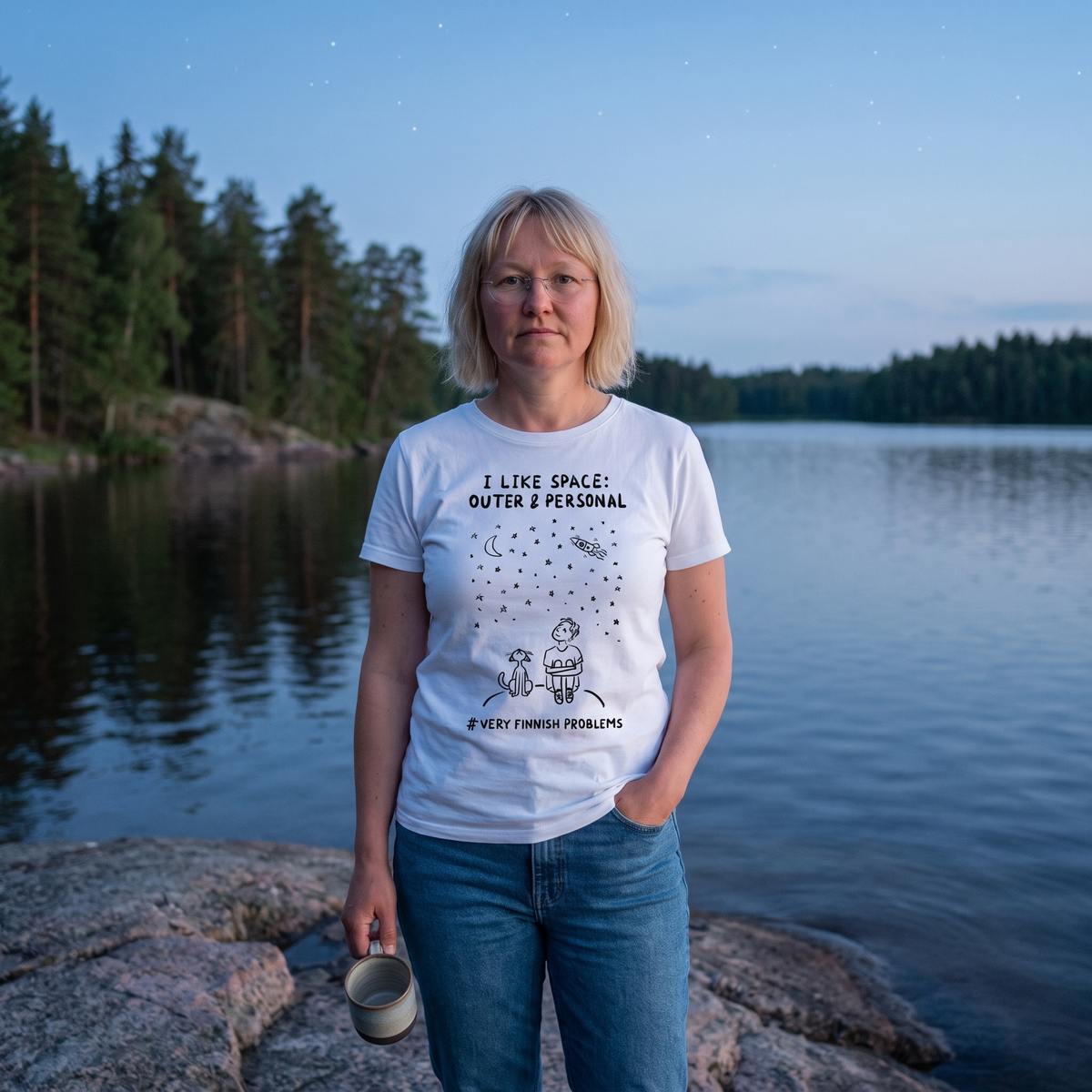 I Like Space: Outer & Personal t-shirt in white, worn by Marika on a lakeshore at dusk, Very Finnish Problems