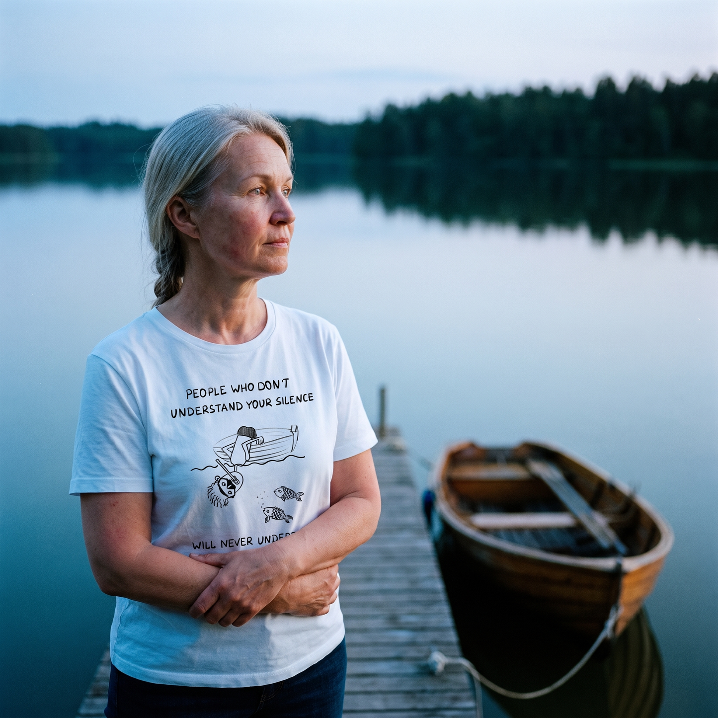 People Who Don't Understand Your Silence t-shirt in white, worn by a woman on a jetty at dusk, Very Finnish Problems