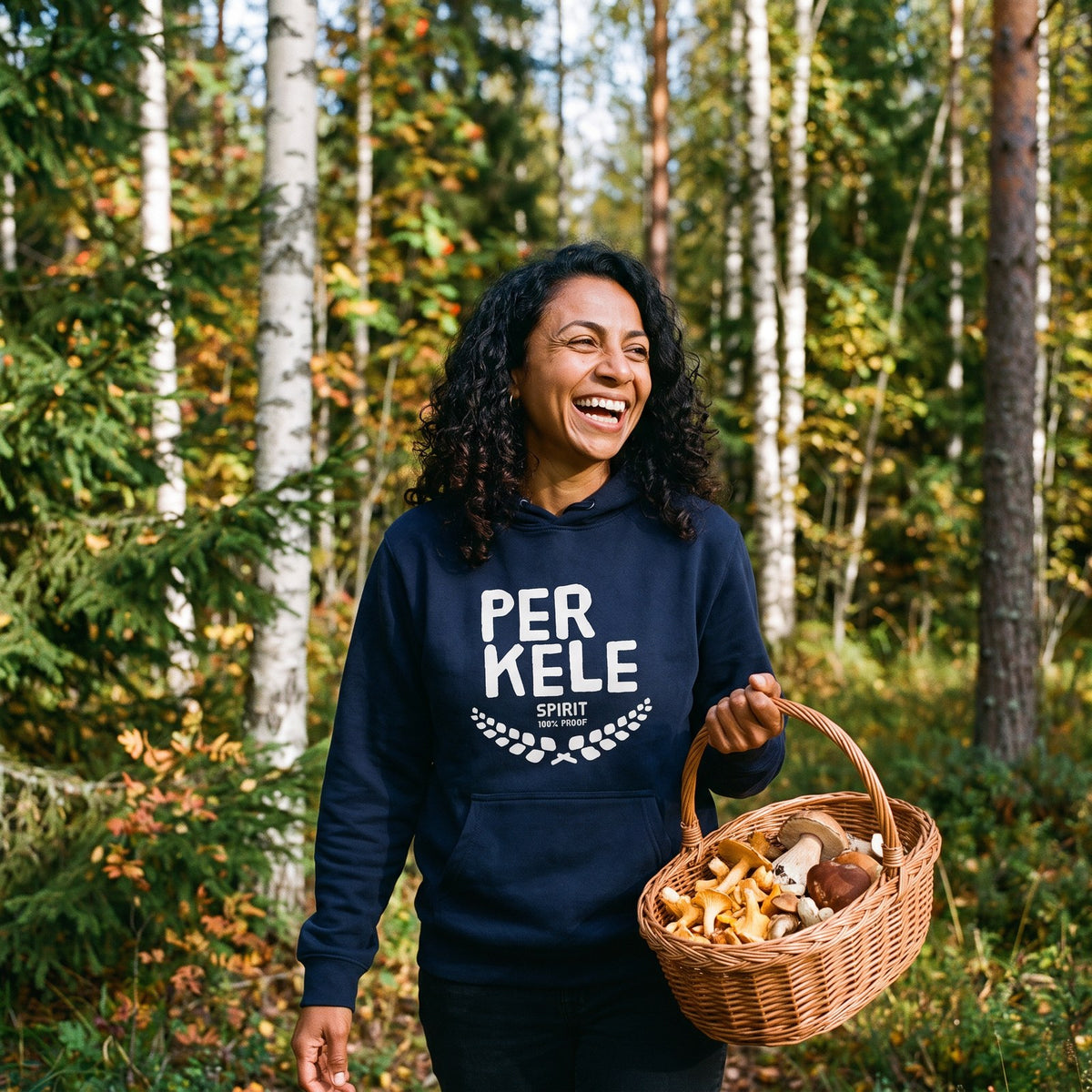 Perkele 100% Proof hoodie in navy, worn by Nea carrying mushrooms from the forest, Very Finnish Problems