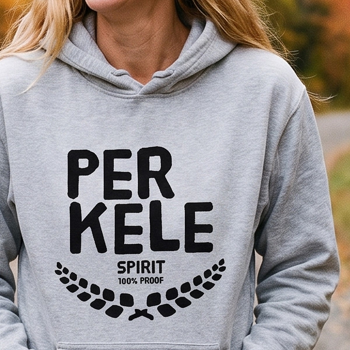 Close-up of the print on the sport grey Perkele 100% Proof hoodie, Very Finnish Problems