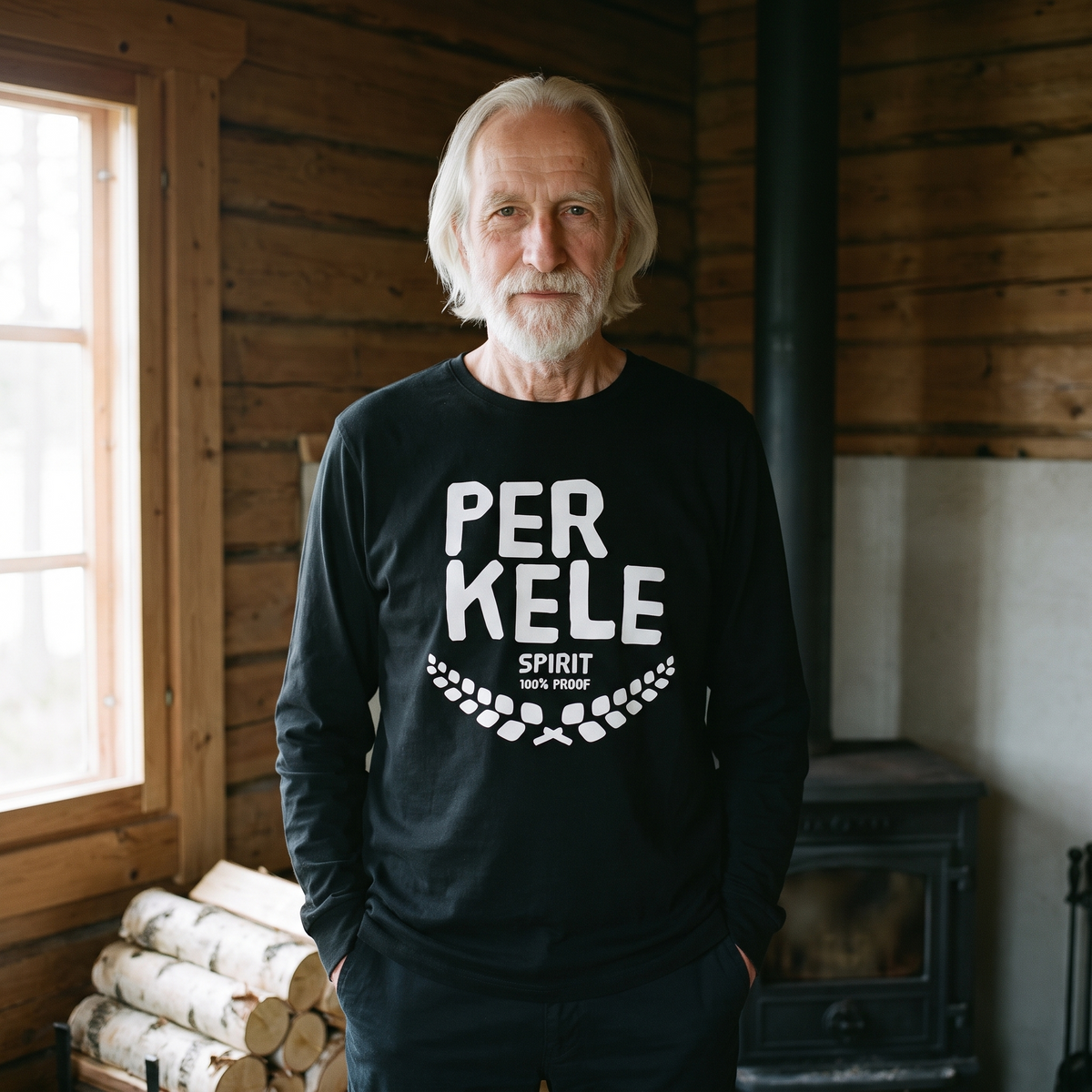 Perkele 100% Proof long sleeve tee in black, worn by a man in a cabin by the stove, Very Finnish Problems