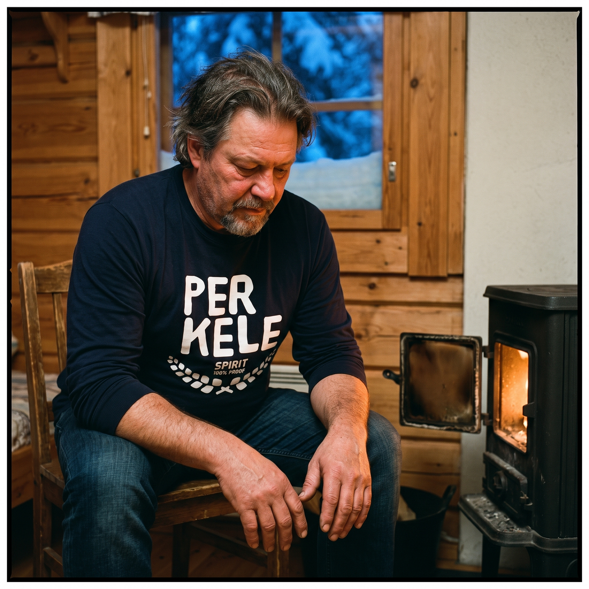 Perkele 100% Proof long sleeve tee in navy, worn by a man beside a cabin wood stove in winter, Very Finnish Problems
