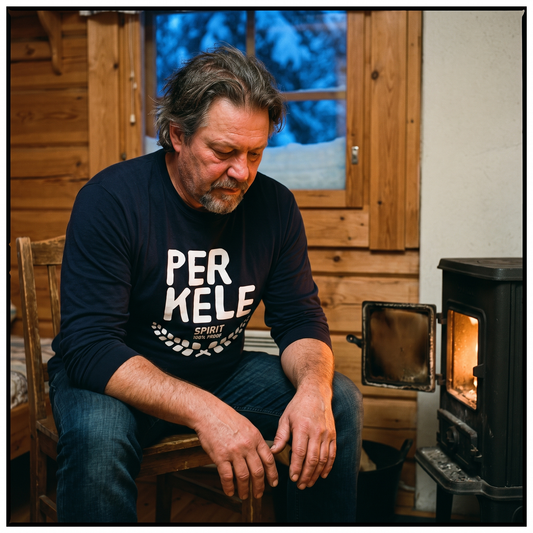 Perkele 100% Proof long sleeve tee in navy, worn by a man beside a cabin wood stove in winter, Very Finnish Problems
