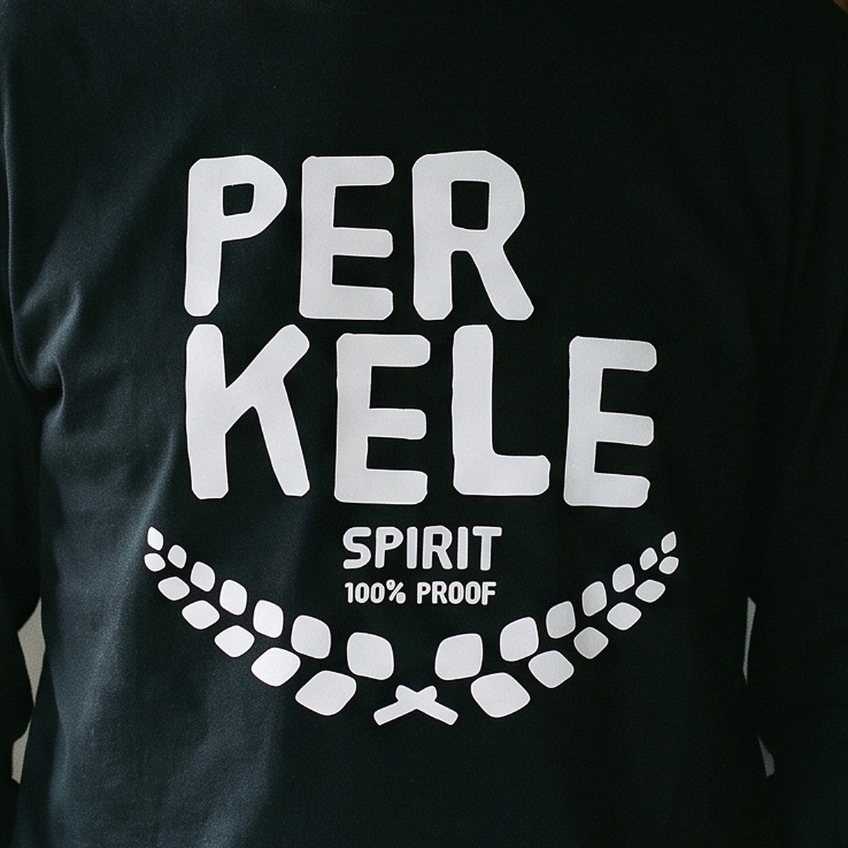 Close-up of the Perkele 100% Proof print on black long sleeve tee fabric, Very Finnish Problems