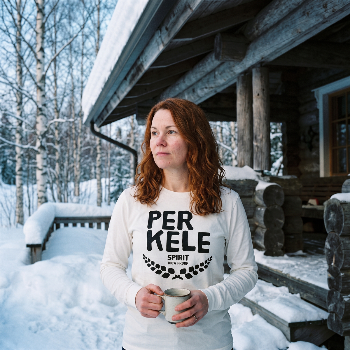 Perkele 100% Proof long sleeve tee in white, worn by a woman on a snowy porch, Very Finnish Problems